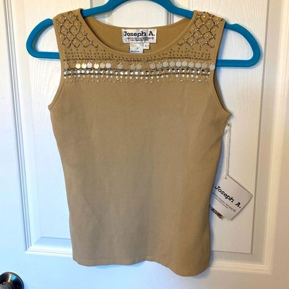 NWT- Joseph A. clothing beaded tan sleeveless shirt-Size Large - Picture 1 of 8